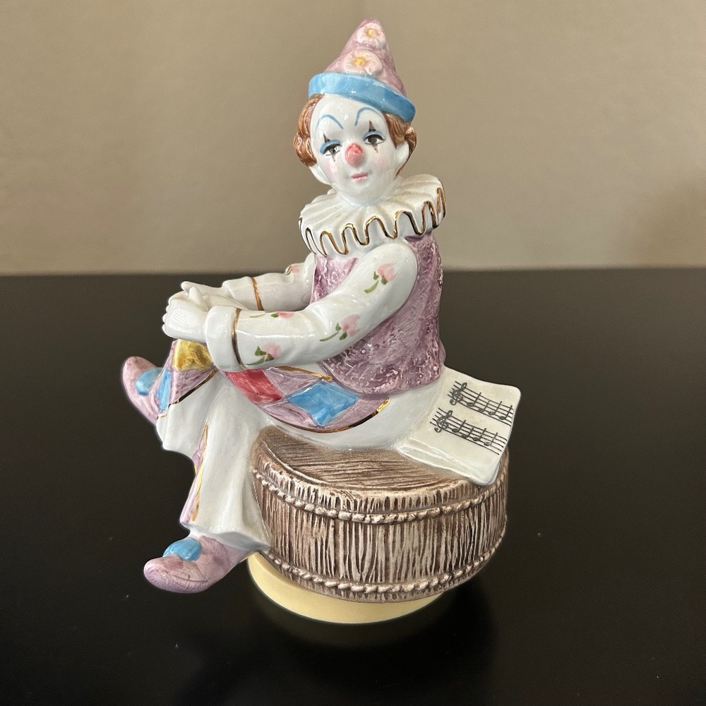 Vintage Schmid Porcelain Signed Clown on Barrel Musical Collection Figurine